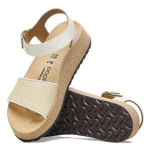 Birkenstock Papillio White and Tan Wedge Strappy Sandals Size 40, NEW